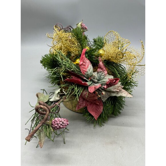 Festive Artificial Holiday Centerpiece with Gold Base Ribbon Used READ - Picture 5 of 5